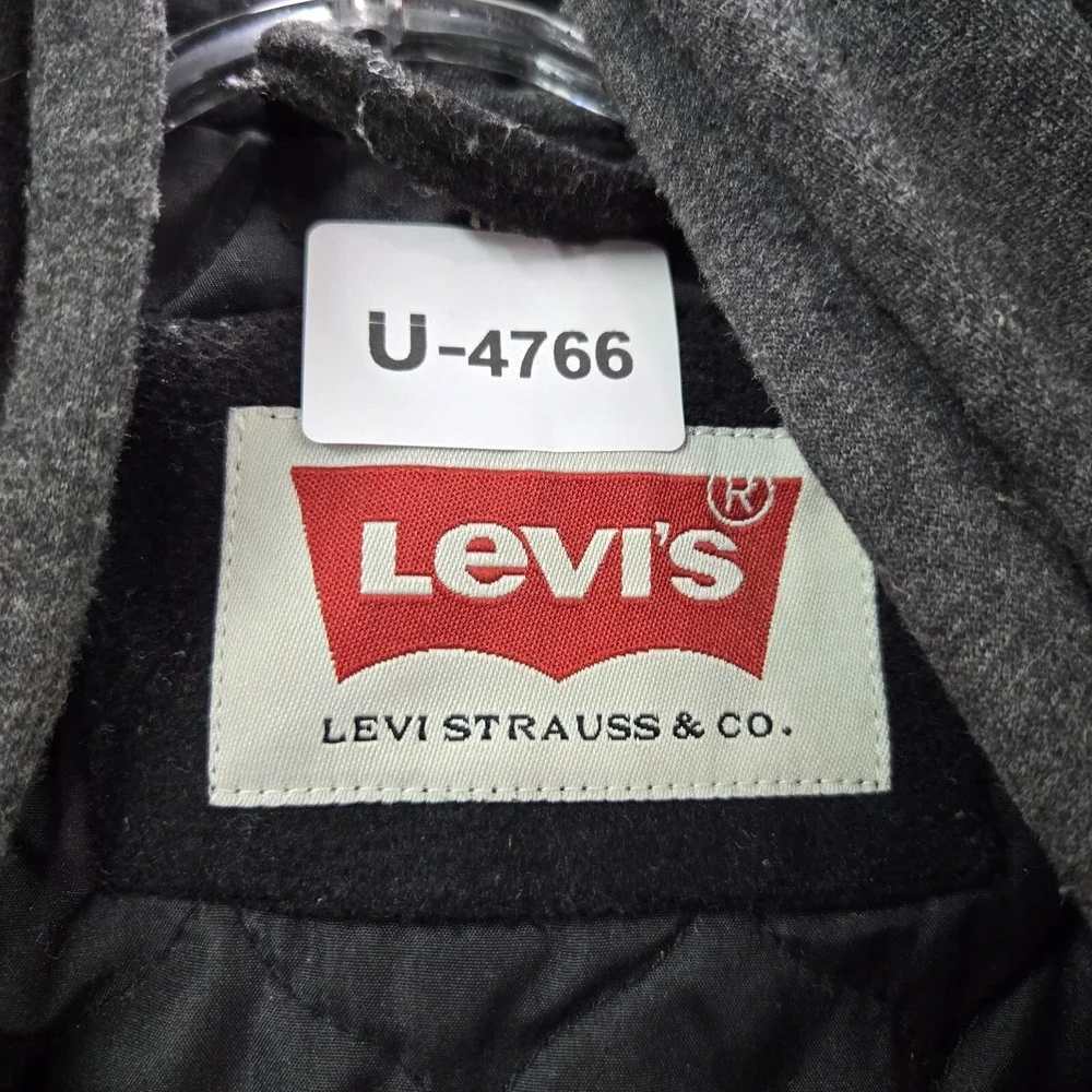 Levi's Men Jacket L Black Military Quilted Lined Hooded Wool Blend Full Zip READ